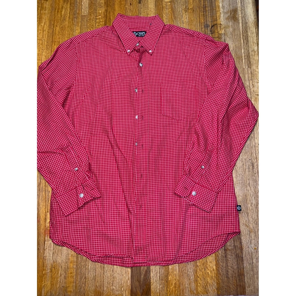 Chaps Men Large Red White Micro Checkered Button Down Long Sleeve Cotton Shirt